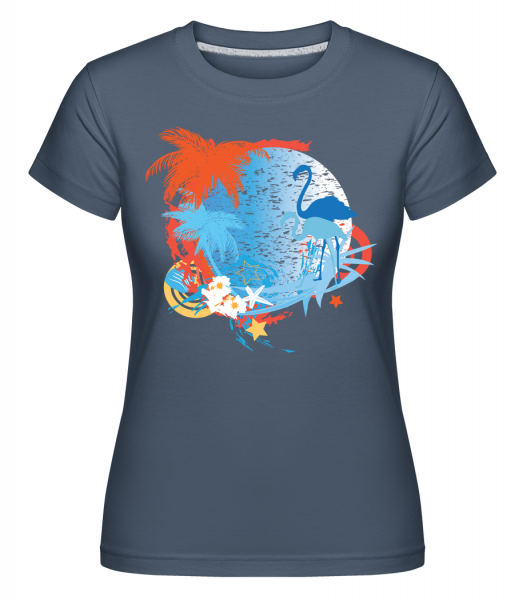 Flamingos In Paradise Blue/Orang -  Shirtinator tričko pre dámy - Džínsovina - Predné
